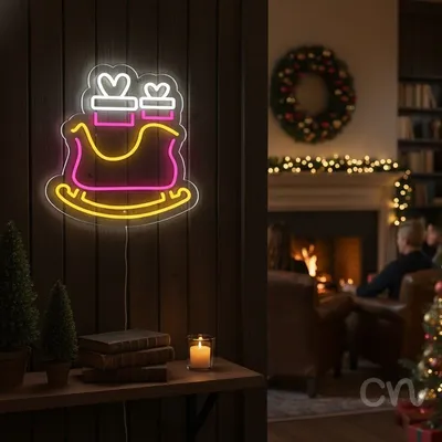 Custom Neon | Rocking Horse with Gifts Neon Sign | 17x16 | Pink Yellow White