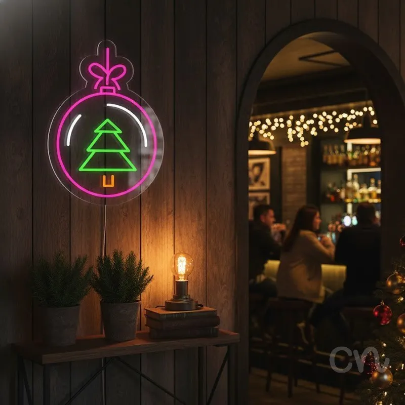 Custom Neon | Christmas Ornament with Tree Neon Sign | 21x15 | Hot Pink Lime Green White Orange