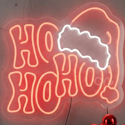 Custom Neon | Ho Ho Ho Neon Sign with Santa Hat Design | 21x22 | Red and White