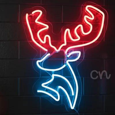 Custom Neon | Reindeer Neon Sign with Antler Design | 23x17 | Red and Blue