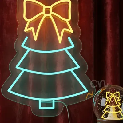 Custom Neon | Christmas Tree Neon Sign with Bow Design | 21x16 | Blue and Yellow
