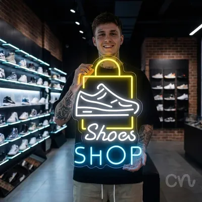 Custom Neon | Shoes Shop Neon Sign | 23x15 | White, Yellow, Light Blue Neon Sign