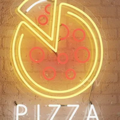 Custom Neon | Round Pizza Neon Sign with Slice Design | Red & Yellow Glow | 23x17 Inches