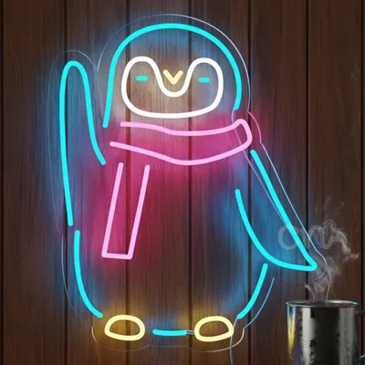 Custom Neon | Cozy Penguin Neon Sign with Scarf | 23x19 inches | Blue, Pink, White & Yellow