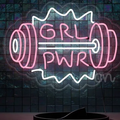Custom Neon | GRL PWR Barbell Neon Sign with Dumbbell Design | 18x24 | Pink,white