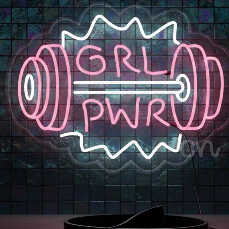 Custom Neon | GRL PWR Barbell Neon Sign with Dumbbell Design | 18x24 | Pink,white