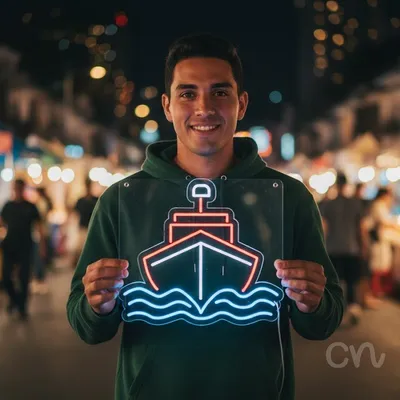 Custom Neon | Ship on Waves Neon Sign | 22x24 Inches | Red Blue White Colors