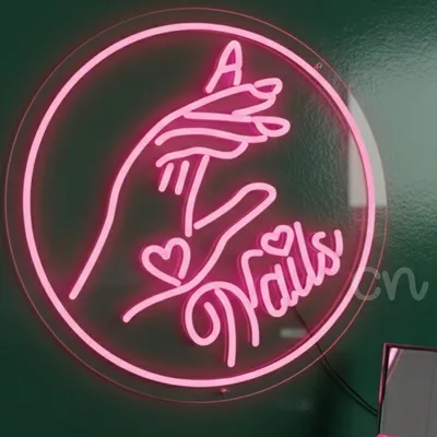 Custom Neon | Pink Nails Neon Sign with Hands & Heart Design | 17x17
