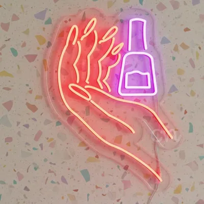 Custom Neon | Nail Art Neon Sign with Hand and Polish Bottle Design | 27x20 | Red and Purple