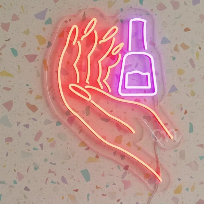 Custom Neon | Nail Art Neon Sign with Hand and Polish Bottle Design | 27x20 | Red and Purple