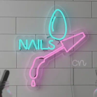 Custom Neon | NAILS Neon Sign with Nail Polish Brush, Droplet & Nail Shape Design | 17x15 | Pink & Blue