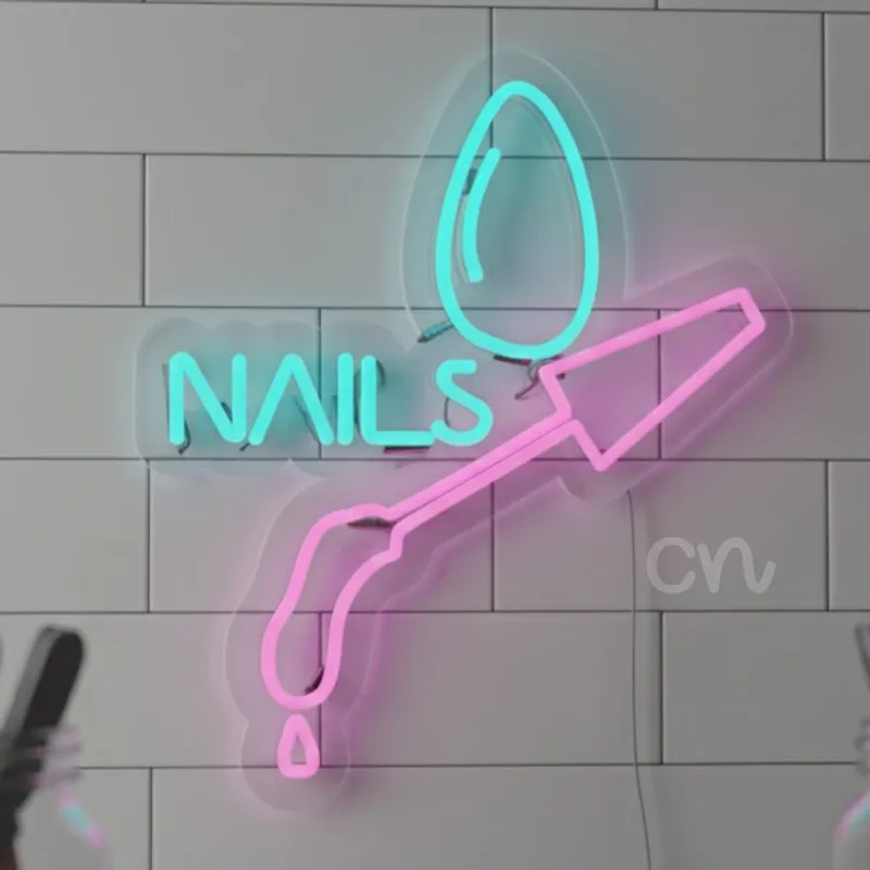 Custom Neon | NAILS Neon Sign with Nail Polish Brush, Droplet & Nail Shape Design | 17x15 | Pink & Blue