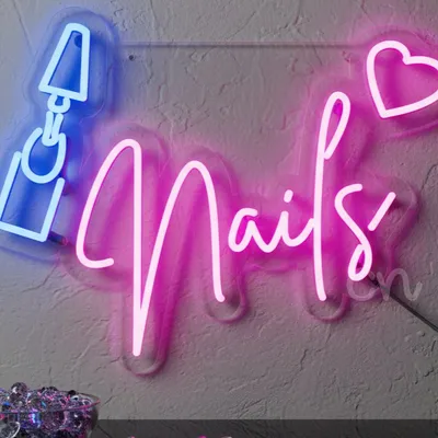 Custom Neon | Nails Neon Sign with Nail Polish Bottle and Heart Graphic | 15x20 | Pink, Blue