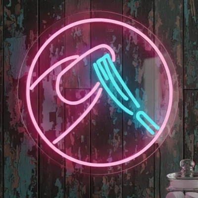 Custom Neon | Hand Holding Fork Neon Sign | 15x15 | Pink and Blue
