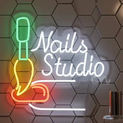 Custom Neon | Nails Studio Neon Sign | Durable, Energy-Efficient LED Wall Light for Nail Salons, Beauty Spas & Manicure Studios | 16x16 | Green, Yellow, Red LED Neon Decor for Home Nail Stations