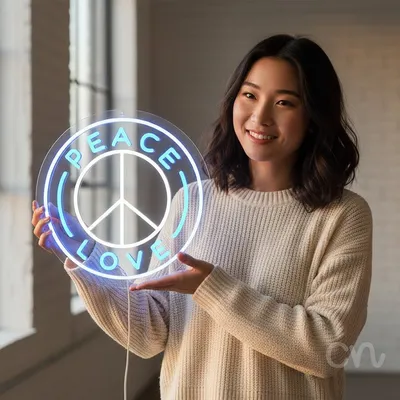 Custom Neon | Peace Love Neon Sign | 17x17 | Ice Blue Neon Sign for Home Decor