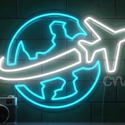 Airplane Globe Neon Sign Board, LED Neon Flex Travel Light, Plug-in Aviation Neon Wall Art, Blue Flight Neon Decor, Pilot Gift, Travel Agency Office Open Sign, Custom Airplane Neon Light for Home