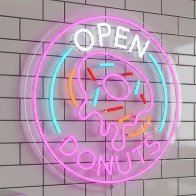 Open Donuts Neon Sign Board, LED Neon Flex Light, Plug-in Open Donut Cafe Neon Display, Multicolor Shop Sign, Restaurant Bakery Bar Neon Wall Decor, Custom Open Close Sign for Business & Home