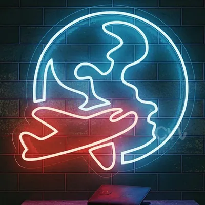 Custom Neon Sign | Airplane Globe LED Flex Neon Light | 22x23 Wall Decor | White, Blue & Red Glow | Aviation Travel Neon Sign for Bedroom, Living Room, Gaming Room, Bar, Cafe & Home Decoration