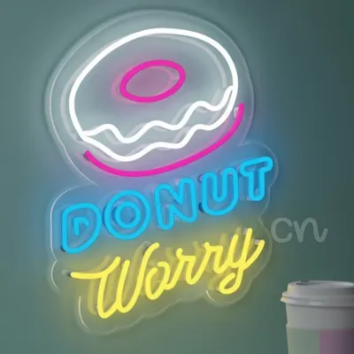 Custom Neon | Donut Worry Neon Sign | 20x15 Inch | White Red Yellow