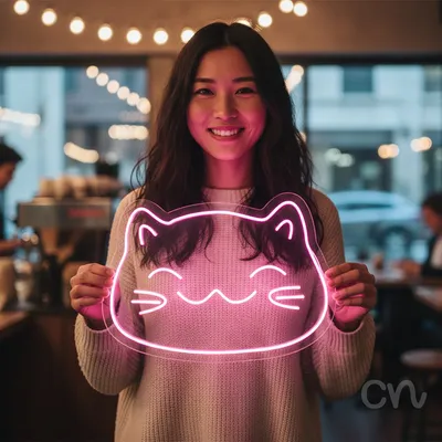 Custom Neon | Cat Face Neon Sign | 14x19 Inches | Hot Pink Neon Sign for Room Decor