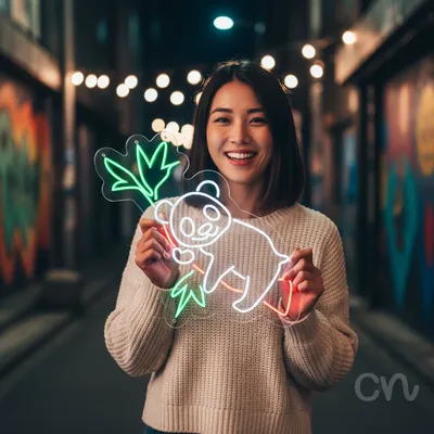 Custom Neon | Panda on Bamboo Neon Sign | 15x16 | Green White Red Color