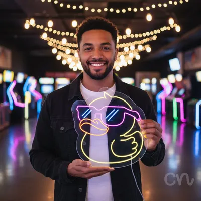 Custom Neon | Duck with Sunglasses Neon Sign | 16x15 | Neon Yellow Hot Pink Orange Dark Blue