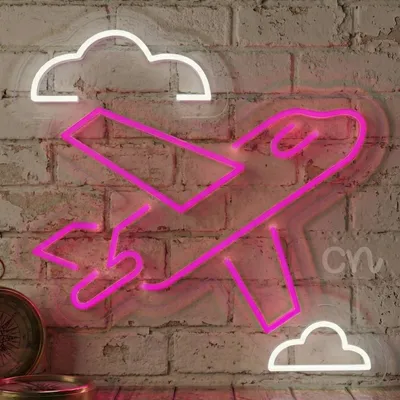 Custom Neon | Airplane with Clouds Neon Sign | 20x20 inches | Pink