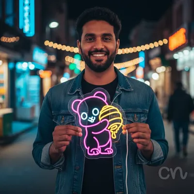 Custom Neon | Bear with Honey Neon Sign | 17x14 | Hot Pink and Yellow Neon Sign
