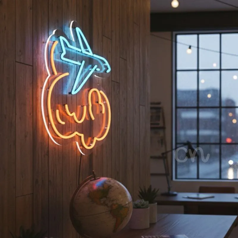 Custom Neon | Airplane with Clouds Neon Sign | 18x18 inches | Blue and Orange