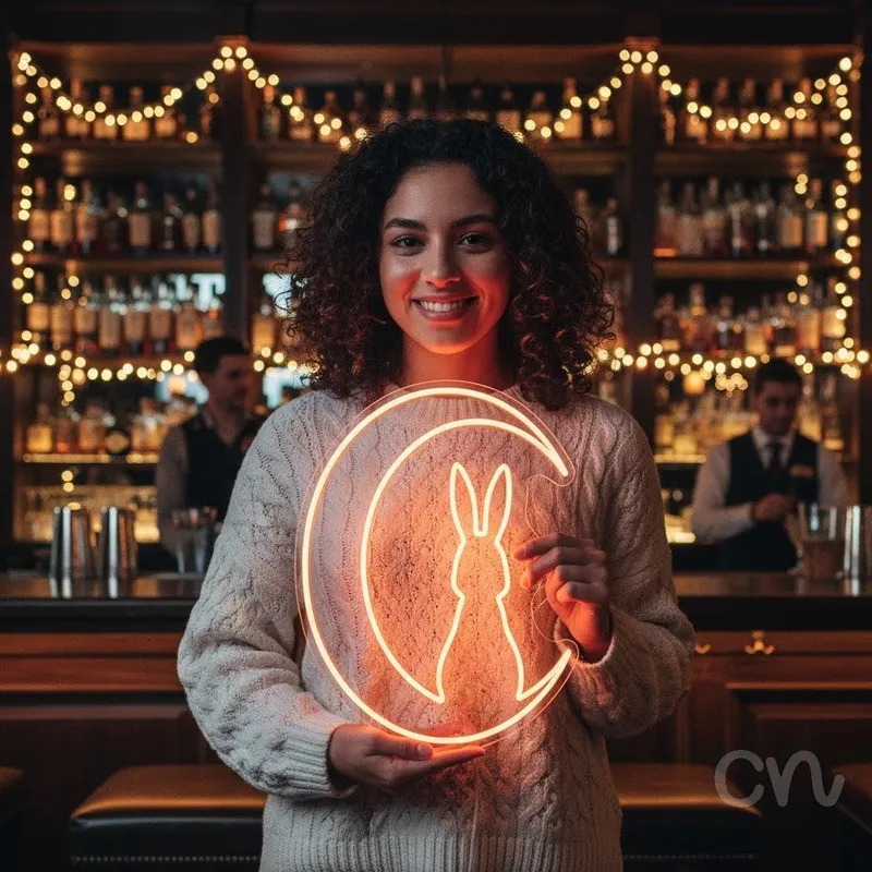 Custom Neon | Rabbit and Moon Neon Sign | 23x22 | Orange | Perfect for Wall Decor