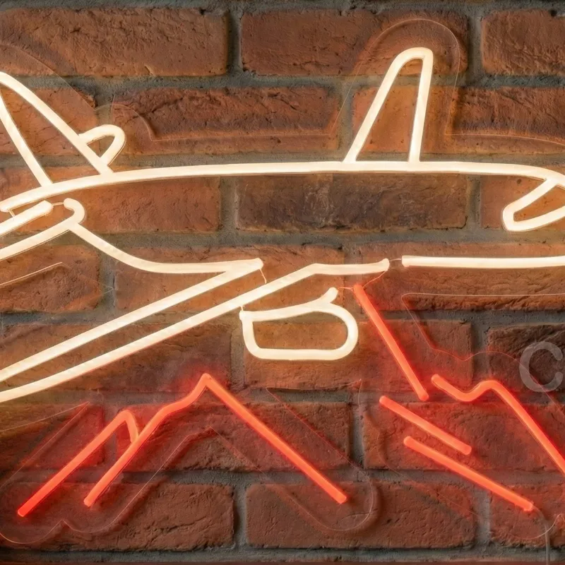 Custom Neon | Airplane with Mountains Neon Sign | 17x24 inches | Red and White