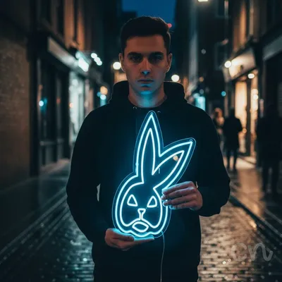 Custom Neon | Rabbit Face Neon Sign | 23x19 | White and Blue Neon Sign for Decor