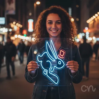 Custom Neon | Rabbit with Top Hat Neon Sign | 23x20 Inches | Blue and Red Colors