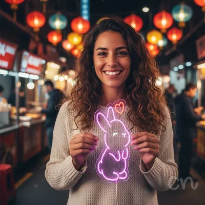 Custom Neon | Rabbit with Heart Neon Sign | 21x13 | Hot Pink Red
