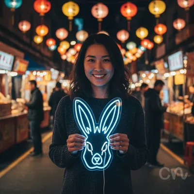 Custom Neon | Rabbit Face Neon Sign | 21x20 | Ice Blue and Warm White