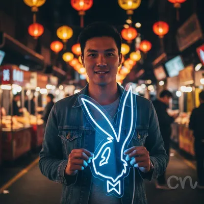 Custom Neon | Rabbit Head with Bow Tie Neon Sign | 23x15 Inches | Ice Blue