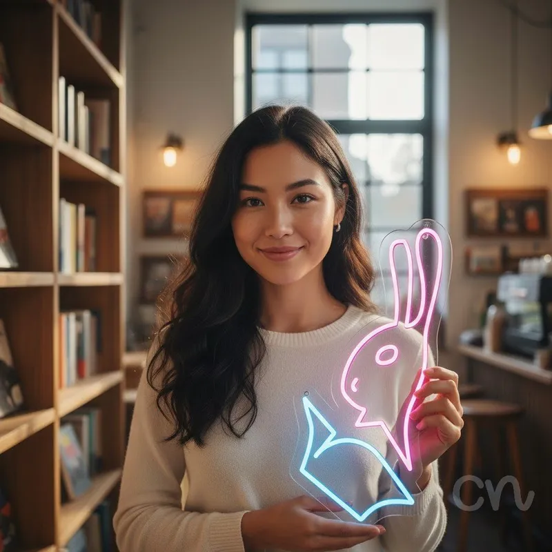 Custom Neon | Rabbit and Book Neon Sign | 19x11 | Hot Pink and Ice Blue Colors