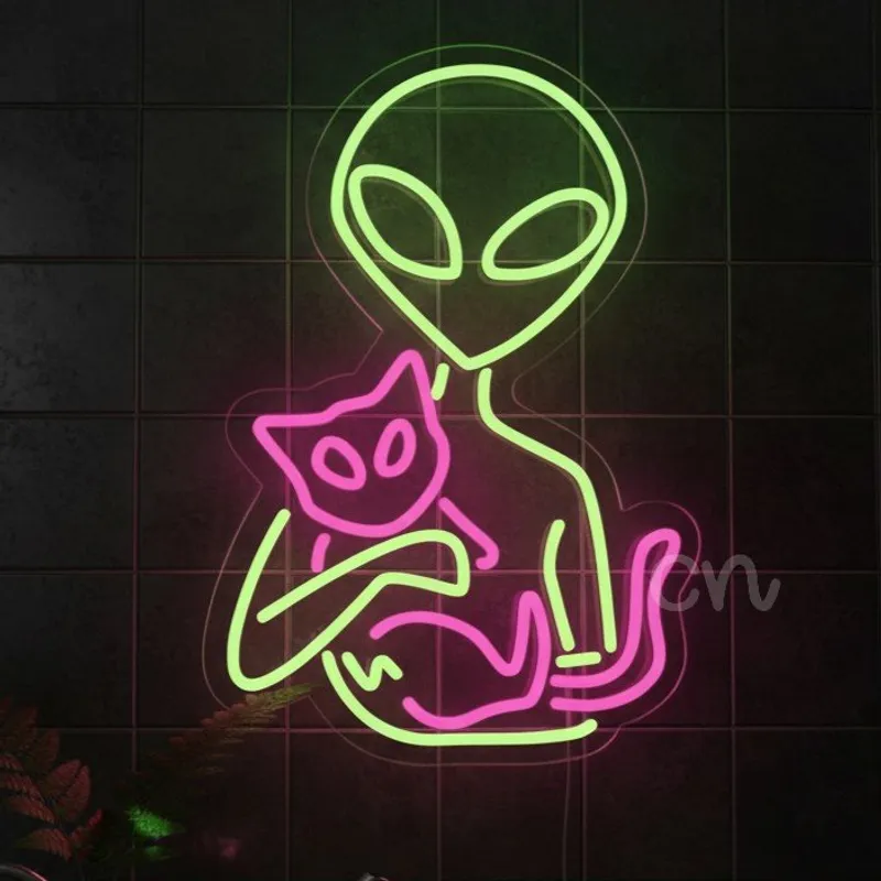Custom Neon | Alien with Cat Neon Sign | Green & Pink | 20x14