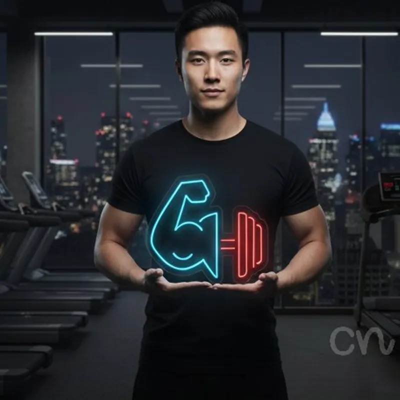 Custom Neon | Arm with Dumbbell Neon Sign | 18x24 Inches | Ice Blue Red Colors