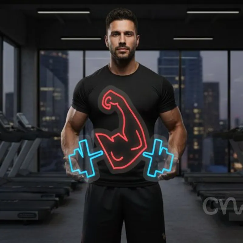 Custom Neon | Flexed Arm with Dumbbells Neon Sign | 16x16 | Red Blue Colors