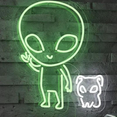 Cute Alien and Dog Neon Sign – Green LED Flex Wall Light, Plug-In Neon Home Decor for Bedroom, Bar, Party, Gaming Room, Aesthetic Wall Art, Unique Sci-Fi Pet Neon Light Decoration