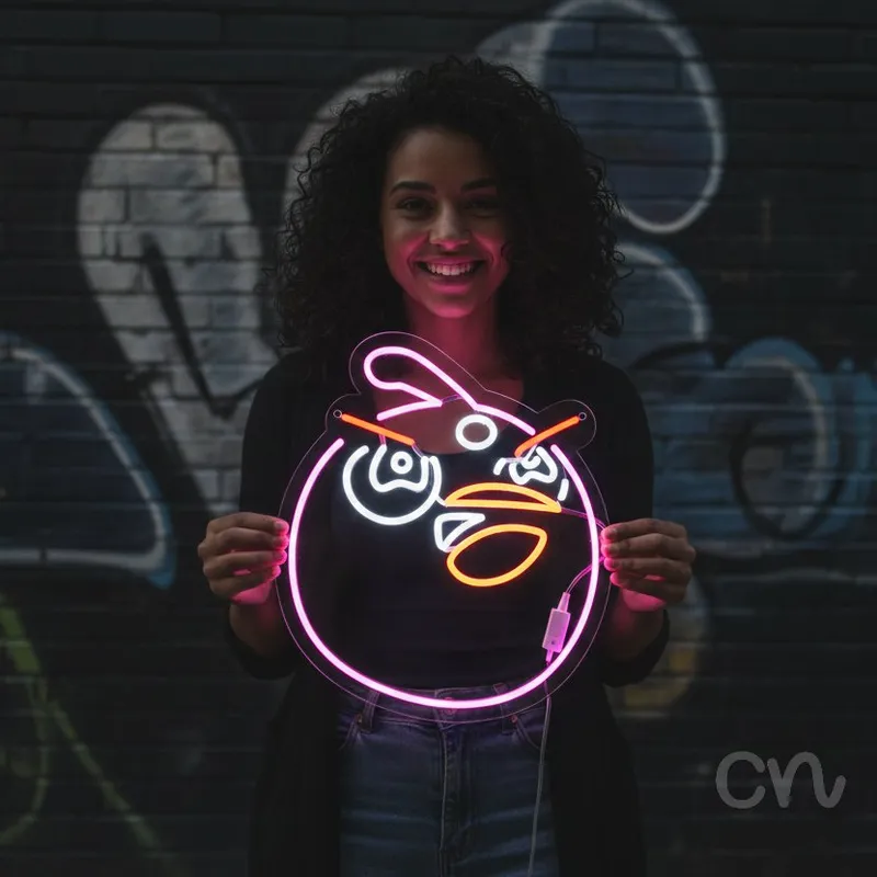 Custom Neon | Angry Bird Face Neon Sign | 21x18 | Pink Red Orange White