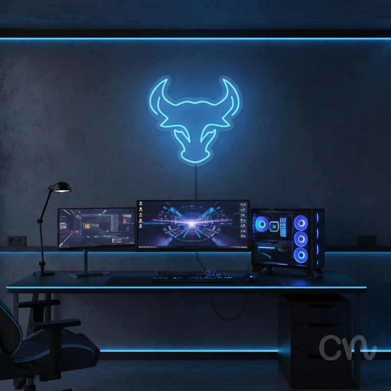 Custom Neon | Bull Head Neon Sign | 19x20 | Ice Blue Neon Light for Home Bar Decor