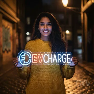 Custom Neon | Ev Charge Neon Sign | 8x25 Inches | Ice Blue Red Warm White Colors