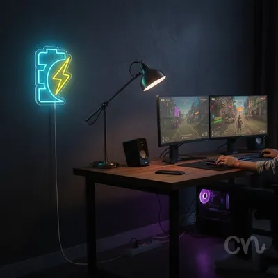 Custom Neon | Battery with Lightning Bolt Neon Sign | 20x14 | Ice Blue and Yellow