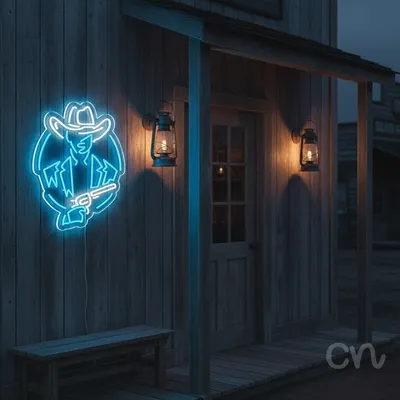 Custom Neon | Cowboy with Gun Neon Sign | 23x18 | Ice Blue