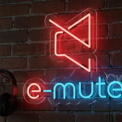 Custom Neon | e-mute Neon Sign with Crossed Speaker Icon | 17x20 | Multicolor (Red & Blue)