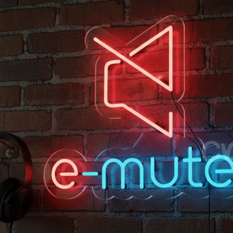 Custom Neon | e-mute Neon Sign with Crossed Speaker Icon | 17x20 | Multicolor (Red & Blue)