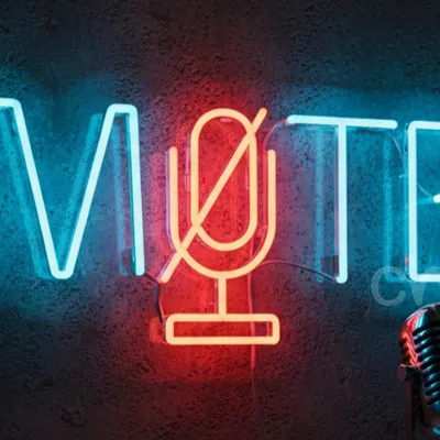Custom Neon | MUTE Neon Sign with Microphone Icon | 12x24 | Multicolor (Blue & Red)